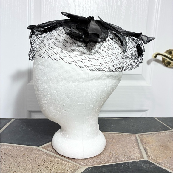50s Mr. Lesley Veiled Cocktail Hat Black UNION MADE USA Vintage - Picture 2 of 8